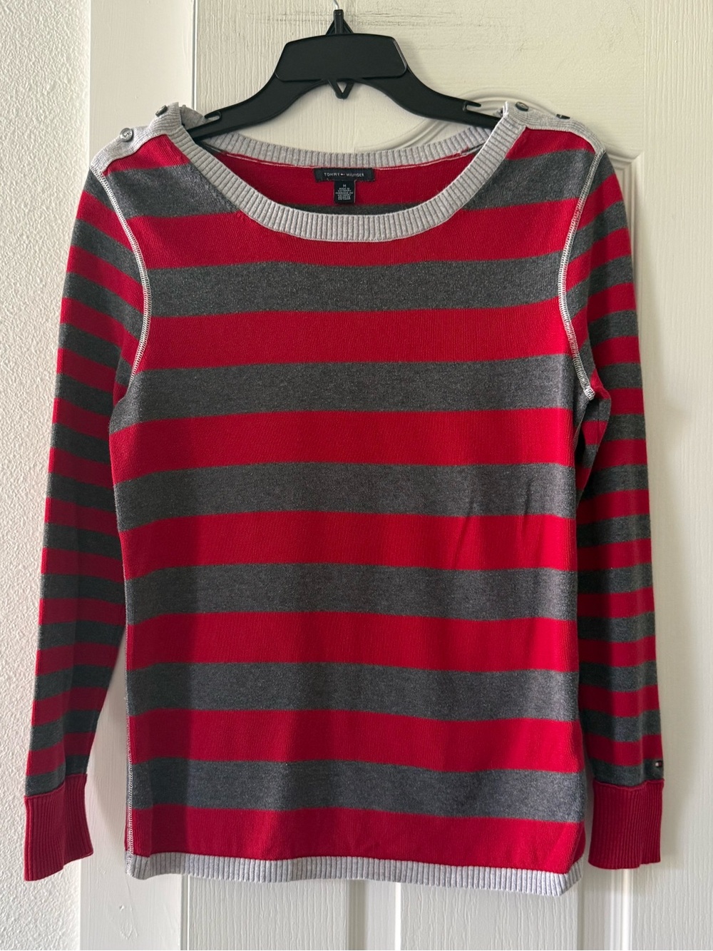 Tommy Hilfiger Red Gray Striped Cotton Sweater Shoulder Button Women’s M